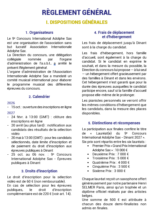 R&egrave;glement Saxophone Dinant